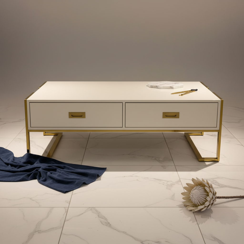 Contemporary White Lacquer Coffee Table – Rectangular Design with Gold Metal Accents